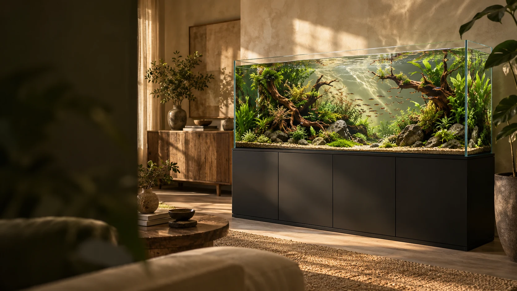 Sunlit aquarium in a warm living space — styling inspiration