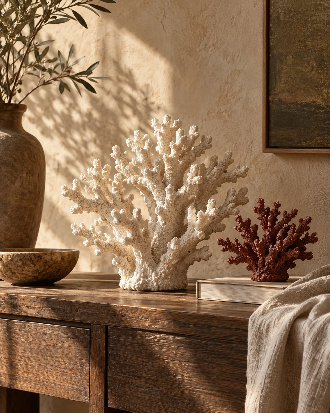 Coral-inspired sculptures in a sunlit interior — styling inspiration